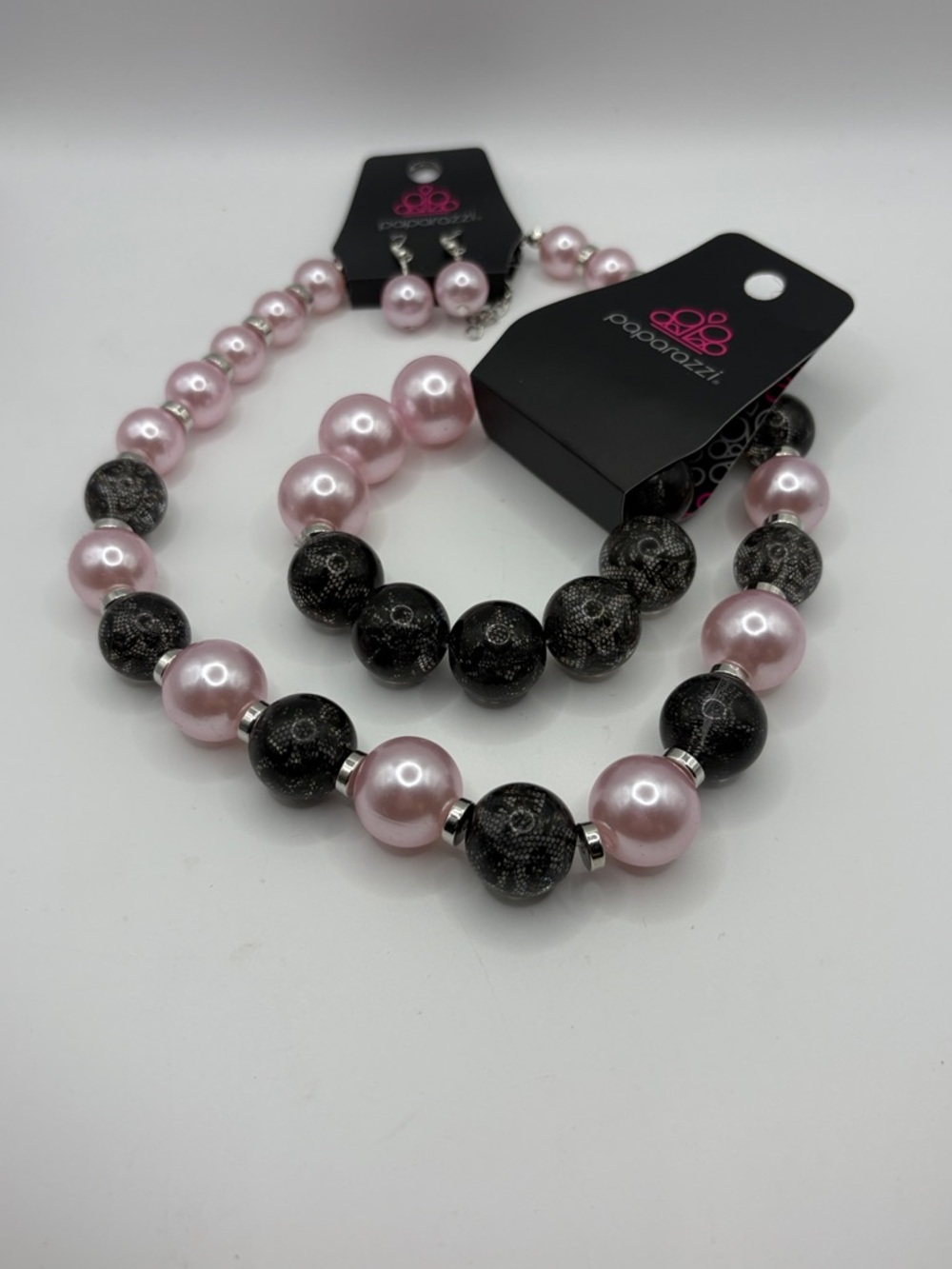 Paparazzi Pink and Black Pearl Necklace and Earring Bracelet Set Lacy Lady
